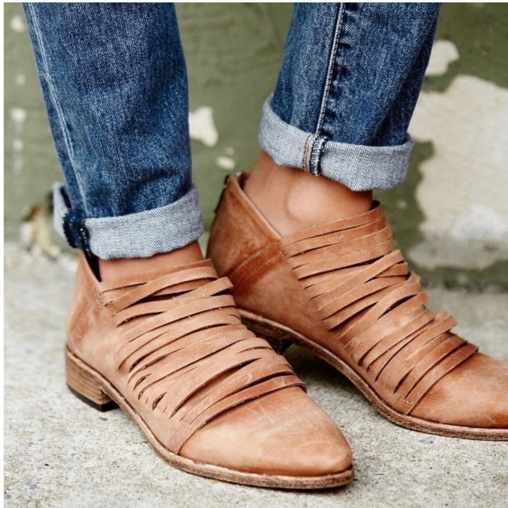 FREE People Lost Valley pointed strappy leather ankle booties brown sz 36